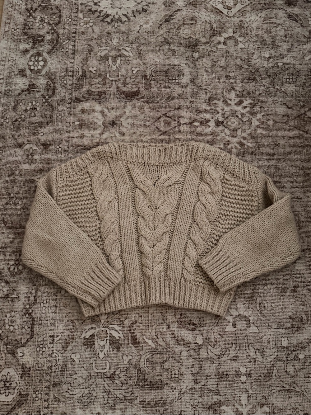Chunky Cable Knit Crewneck Sweater in Beige